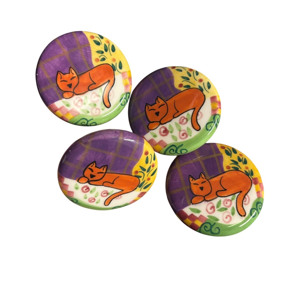 Set of 4 Vintage Hand Painted Ceramic Cat Drawer Pulls Knobs Orange Tabby Cat